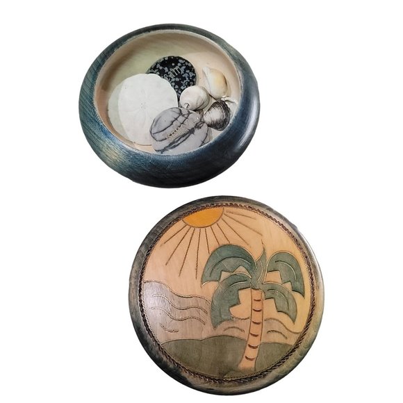 wooden hand carved tropical themed round box container with shells sand dollar - Picture 8 of 10